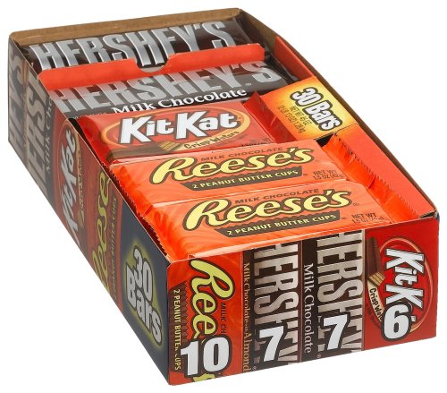 Hershey’s 4-Flavor Variety Pack (Kit Kat, Reese’s Peanut Butter Cups, Hershey’s Milk Chocolate & Chocolate with Almonds), 30-Count Bars