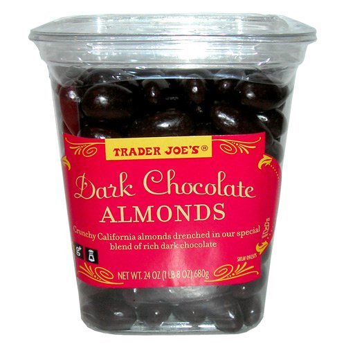 Trader Joe’s Dark Chocolate Almonds Crunchy California Almonds Drenched in Rich Dark Chocolate No Gluten Ingedients Used Low Sodium