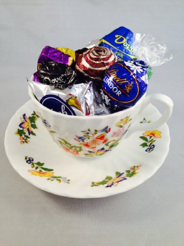 AYNSLEY FINE BONE CHINA CUP & SAUCER FILLED WITH CHOCOLATE CANDY GIFT SET: COTTAGE GARDEN Made In England. Cup 3″ Tall, Saucer 5.75″ in Diameter. Great Gift Set For Mother’s Day, Birthday, Anniversary, Holiday, Get Well, Wedding Etc.