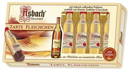 Asbach Uralt Brandy 8 Filled Bottle Shaped Chocolates with Sugar Crust in Window Gift Box – 100g/3.5oz