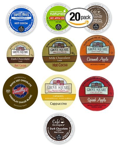 20-count Single Serve Brewer Cups for Keurig Compatible Brewers Cocoa Chocolate and Cider Variety Pack 10 Different Flavors Featuring Green Mountain Apple Cider, Grove Square Caramel Apple Cider, Grove Square Spiced Apple Cider, Cafe Escapes Milk Chocolate, Cafe Escapes Dark Chocolate, Swiss Miss Hot Cocoa, Grove Square Milk Chocolate, Grove Square Dark Chocolate, Grove Square Salted Caramel Cocoa, and Timothy’s White Hot Chocolate Cups