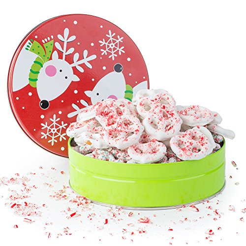 Happy Holidays, Merry Christmas Gourmet White Chocolate Candy Cane Pretzels Filled in a Reindeer Jingle Bell Round Tin, A Classic Holiday Gift For Men and Women, Teens, And Girls of All Ages, By Pistachio Gifts®