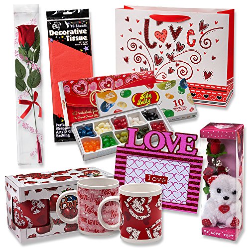 Valentine Gift Set; Complete with Gift Bag, Tissue Paper, White Rose, “I Love You” Mini Bear, 2 Valentine Mugs & Jelly Belly 10 Flavor Gift Box! Assembly Required.