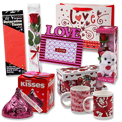 Valentine Gift Set; Complete with Gift Bag, Tissue Paper, Red Rose, “I Love You” Mini Bear, 2 Valentine Mugs & 1 Large of Hershey Red Kiss! Assembly Required.