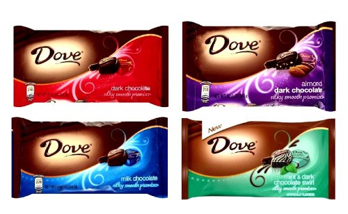 DOVE Chocolate, Promises, VARIETY 4 PACK: 1 Package of DARK CHOCOLATE, 1 Package of MILK CHOCOLATE, 1 Package of ALMOND DARK CHOCOLATE, 1 Package of MINT & DARK CHOCOLATE SWIRL. 9.5 oz packages. Each package contains about 35 delicious individually wrapped pieces.