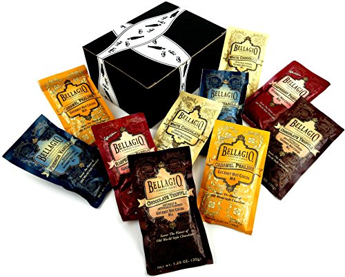 Caffe D’Amore Bellagio Gourmet Beverage Mixes 5-Flavor Variety: Two 1.25 oz Packets Each of Chocolate Truffle Hot Cocoa Mix, French Vanilla Hot Cocoa Mix, White Chocolate Hot Cocoa Mix, Raspberry Parfait Hot Cocoa Mix, and Caramel Praline Hot Cocoa Mix in a BlackTie Box (10 Items Total)