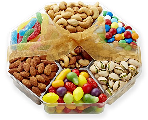 Hula Delights Deluxe Holiday Candy and Roasted Nuts Gift Basket ★ Octagon Shaped Gift Tray ★ Delicious Roasted Almonds, Pistachios, Cashews, Mixed Nuts, Chocolate Lentils, Swiss Petite Fruit Candy, Super Sour Worms ★ Gift Baskets for Men and Women of All Ages ★ Fantastic for Any Occasion ★ 100% Satisfaction Guaranteed