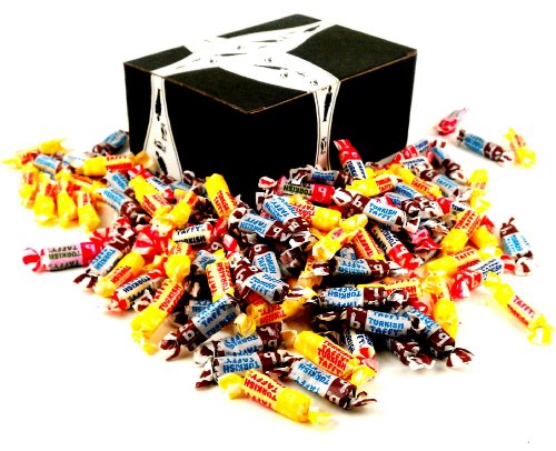 Bonomo Bite-Size Turkish Taffy 4-Flavor Variety: One 1 lb Assorted Bag of Vanilla, Banana, Strawberry, and Chocolate in a BlackTie Box