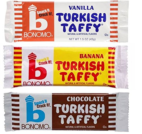 Bonomo Turkish Taffy Candy 3 Flavor 9 Bar Variety Bundle: (3) Bonomo Vanilla Turkish Taffy, (3) Bonomo Chocolate Turkish Taffy, and (3) Bonomo Banana Turkish Taffy, 1.5 Oz. Ea. (9 Bars Total)