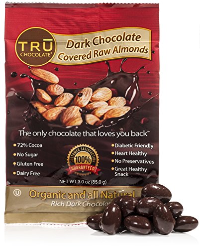 Tasty, Healthy, Organic, And Rich Dark Chocolate Covered Raw Almonds by TRU Chocolate® Snacks, The ONLY Chocolate That Loves You Back Dairy, Gluten and Sugar Free Snacks