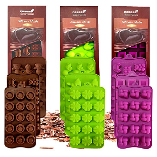 Silicone Chocolate Candy Molds, 3-Pack Set, Non-Stick Candy & Ice Cube Molds, Choice of Three Colors, Chocolate, Purple or Green, 3 Designs Per Pack, Animals, Swirls & Flowers