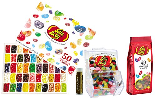Jelly Belly Jelly Beans Variety Pack, 50 flavor Box 21 Oz, an Empty Mini Bean Bin, 7.5oz Assorted Jelly Beans, a Starry Night Jelly Bean Poster, and Jarosa Bee Organic Natural Chocolate Bliss Lip Balm