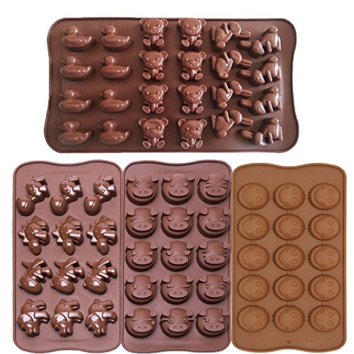ME.FAN™ 4pc Chocolate Molds – Candy Molds – Silicone Molds – Ice Molds – Silicone Backing Molds DIY Pig Faces – Dinosaur – Happy Faces – Bunny – Duck – Little Bear