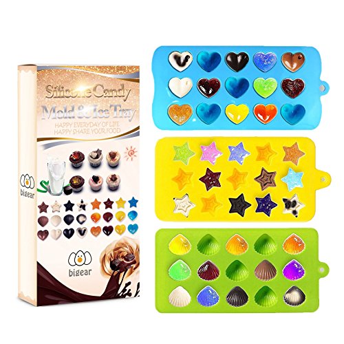 Bigear Candy Molds & Ice Cube Trays – Hearts, Stars & Shells – Silicone Chocolate Mold – Fun, Toy Kids Set – Use for Making Homemade Cake, Candy, Chocolate, Gummy, Ice, Crayons, Jelly, and More